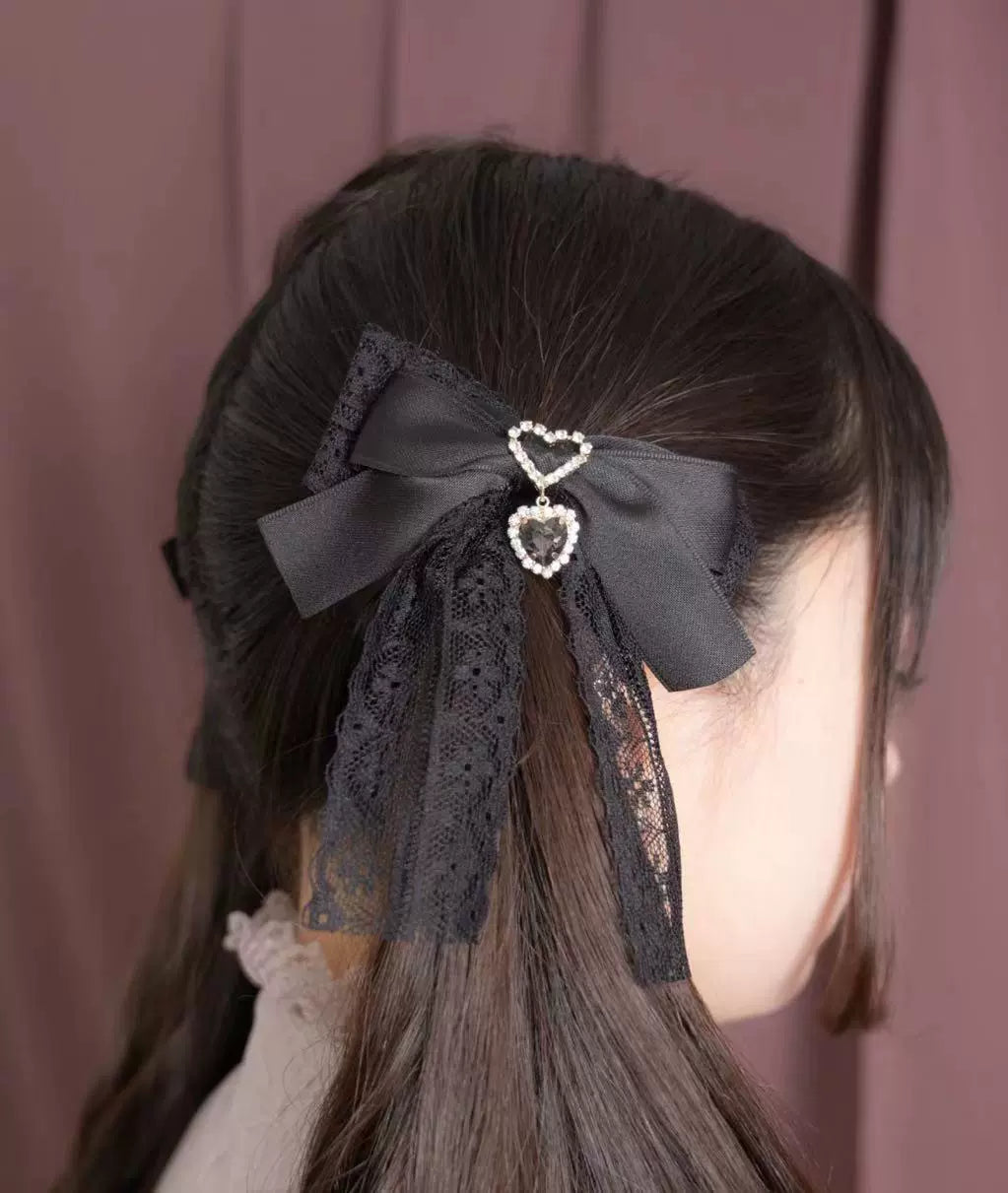 Jirai Kei Lace Bow Heart Rhinestone Pendant Hair Clip 21586:309842