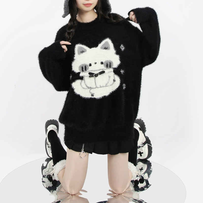 Kawaii Black Sweater Fluffy Voluminous Thickening Sweater 22752:326900