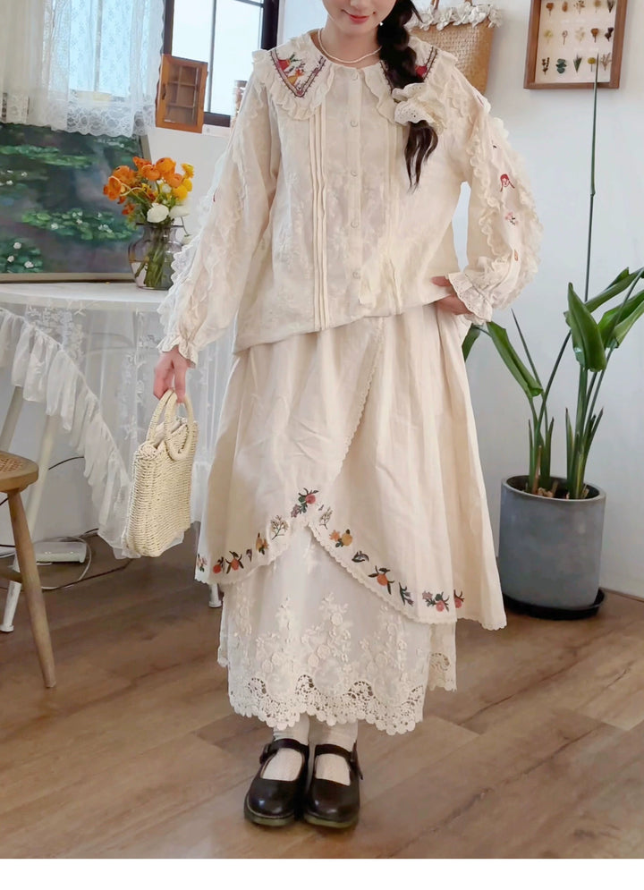 Mori Kei Skirt Sweet Retro Linen Embroidered Long Skirt 41802:714142