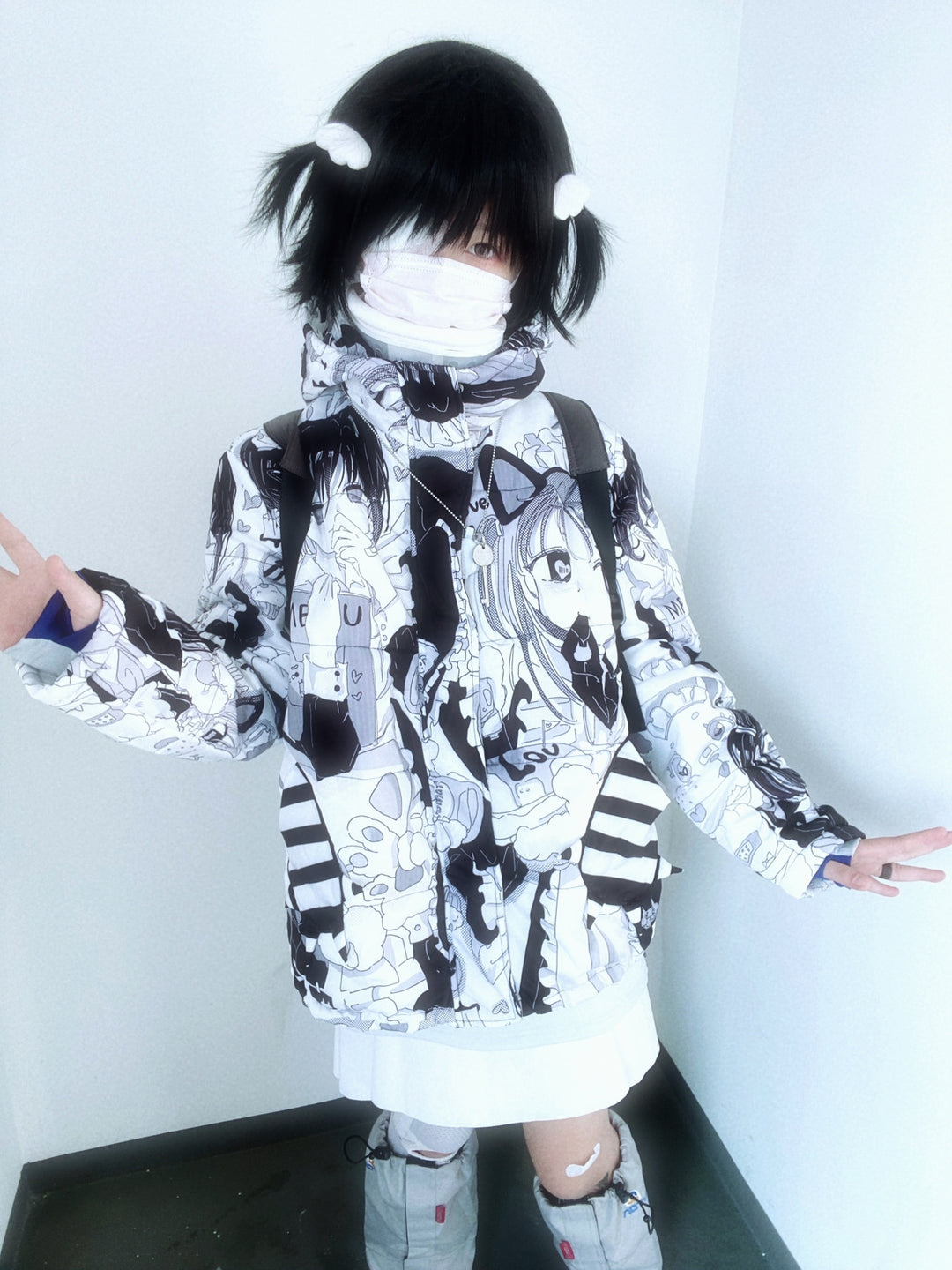 Kawaii Winter Coat Black White Girl Printed Cat Ear Padded Down Jacket 33318:431614