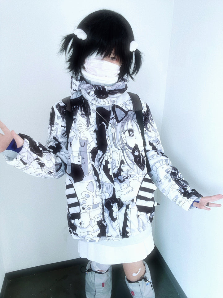 Kawaii Winter Coat Black White Girl Printed Cat Ear Padded Down Jacket 33318:431614 33318:431614