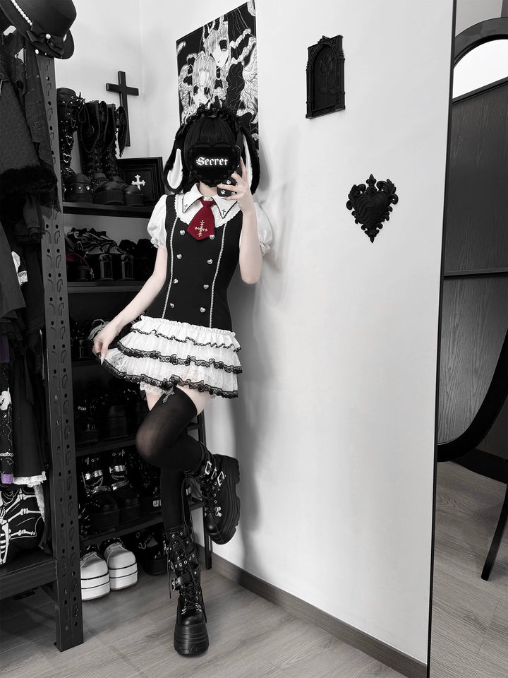 Preppy Style Low-Waist Dress Set, Cross Details 44746:823817