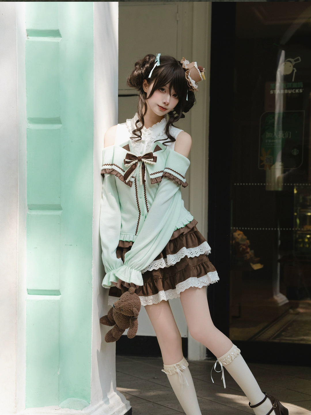 Sweet Open-shoulder Sweater, Vintage Skirt 44077:795826