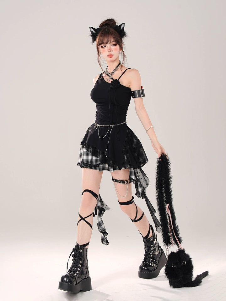 Gyaru Skirt Black Plaid Irregular Polka Dot Mesh Skirt 41996:722000