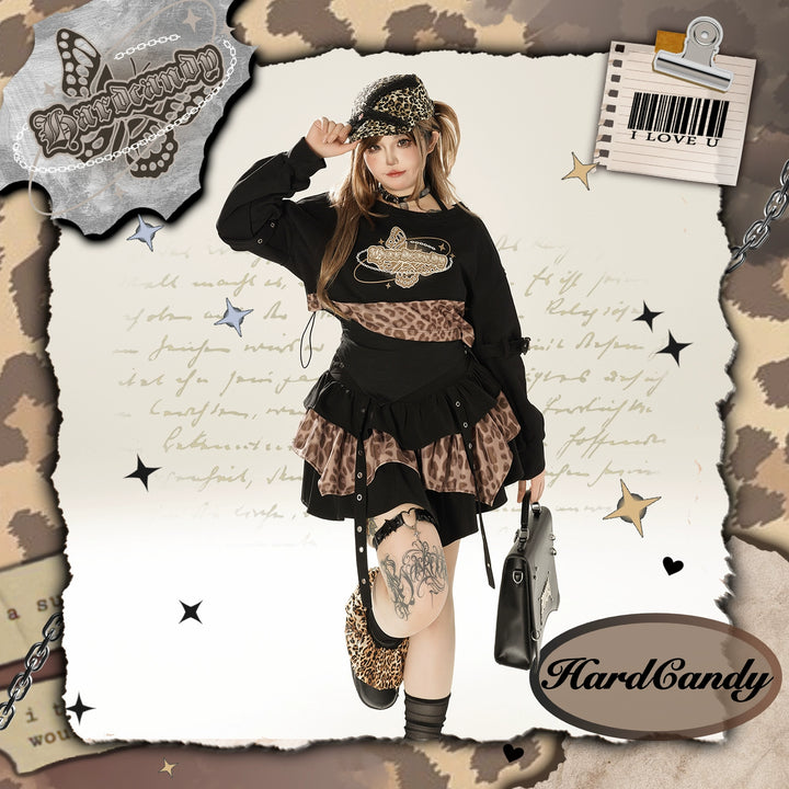 Plus Size Gyaru Outfit Set Leopard Plaid Skirt Set 39400:627800