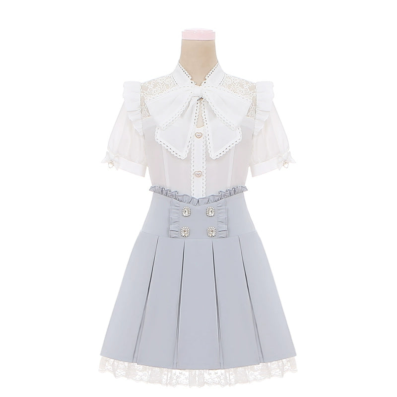 White Jirai Kei Blouse with Ribbon & Blue Pleated Skirt With Elastic Band 42979:760038