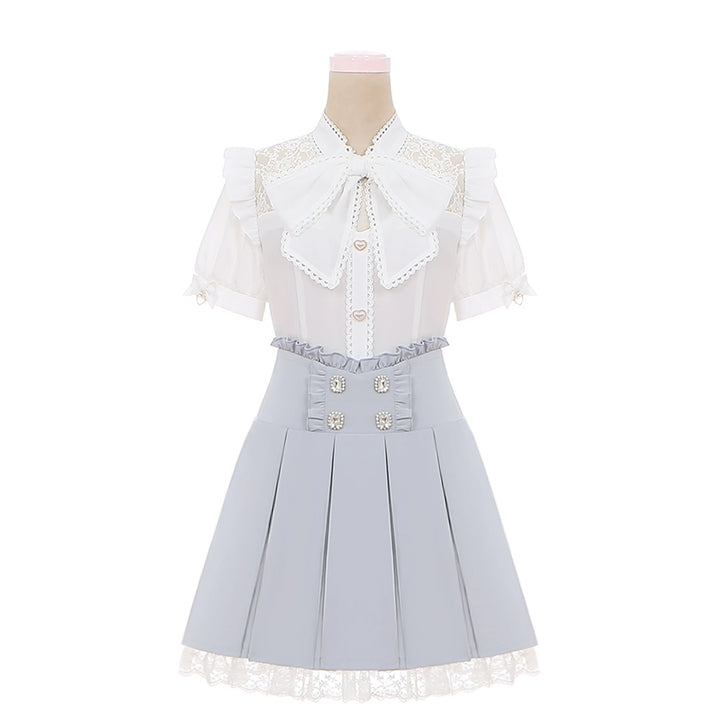White Jirai Kei Blouse with Ribbon & Blue Pleated Skirt With Elastic Band 42979:760038