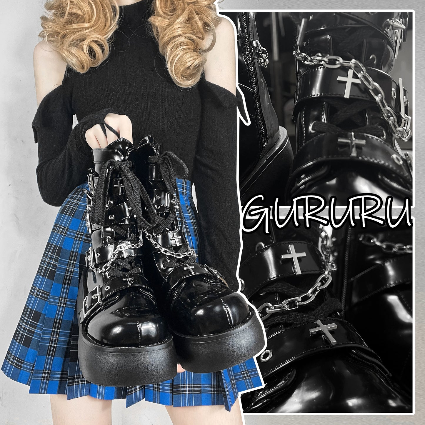 Y2K Spicy Girl Cross Black White Platform Shoes Boots 28962:343852