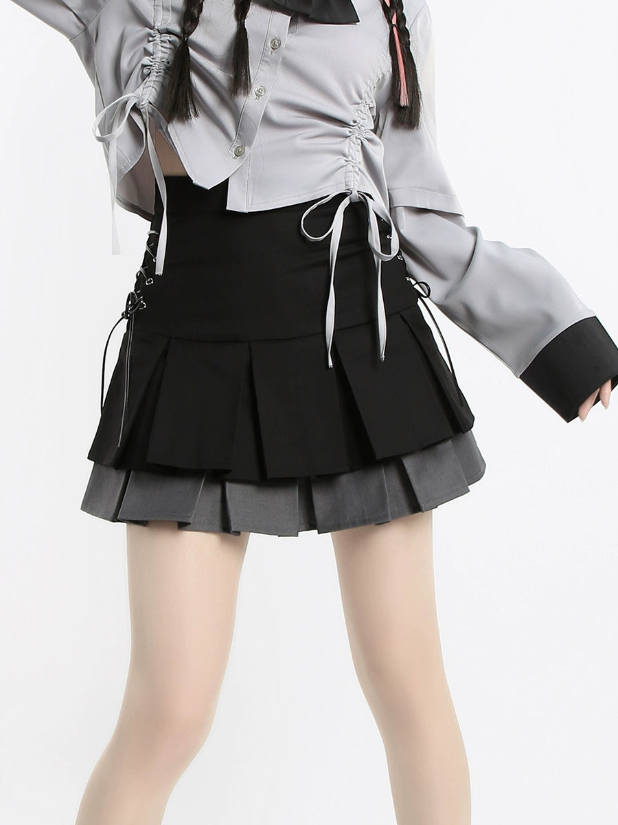 Kawaii Fashion Black Skirt Side Lace Up Pleated Skirt 22750:326954