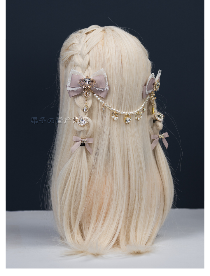 Jirai Kei Bow Hair Clips, Rhinestone Crown and Pearl Chain 44194:802746