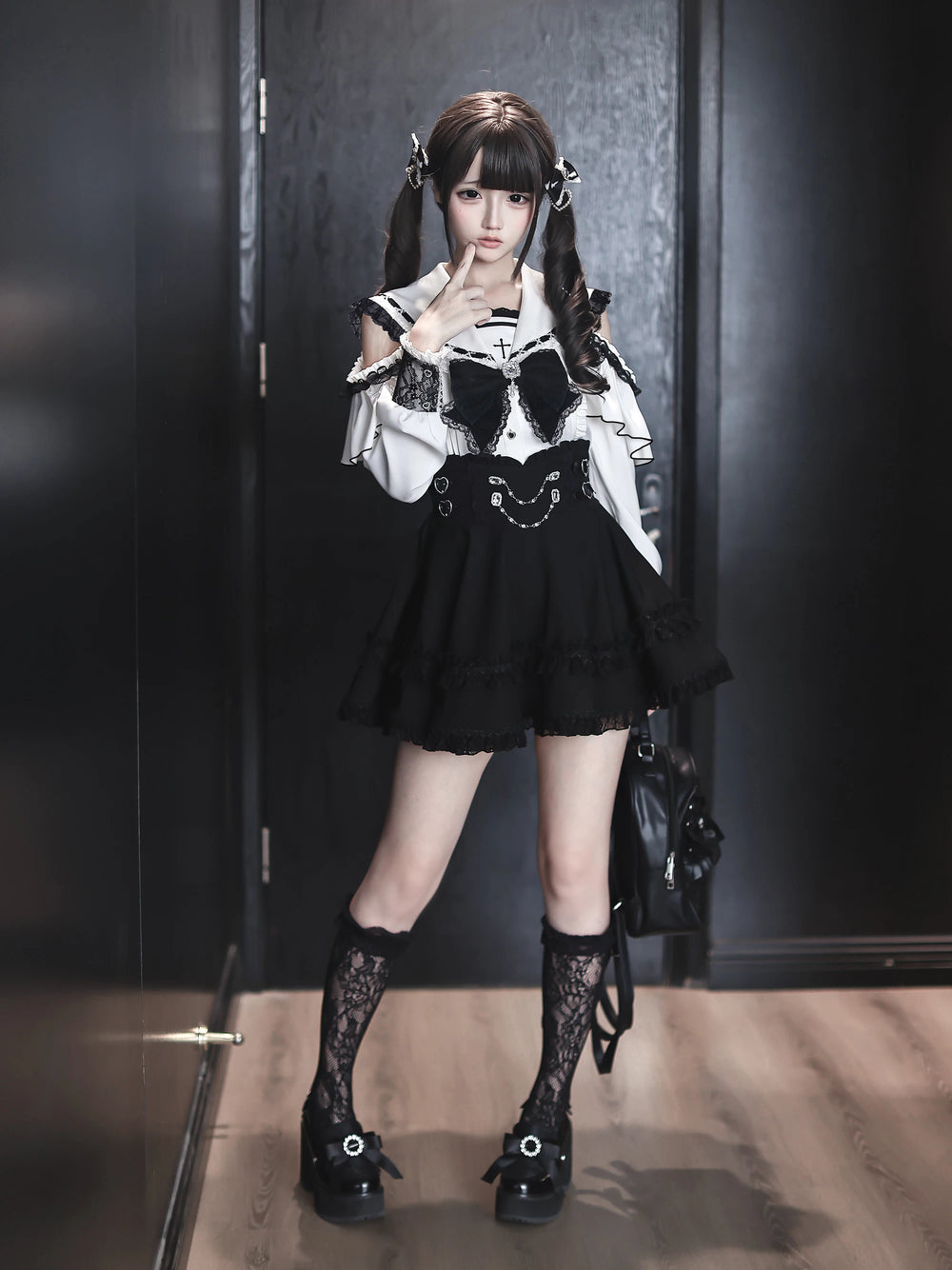 Lace Jirai Kei Sailor Collar Blouse, High Waist Skirt Set 45626:859350