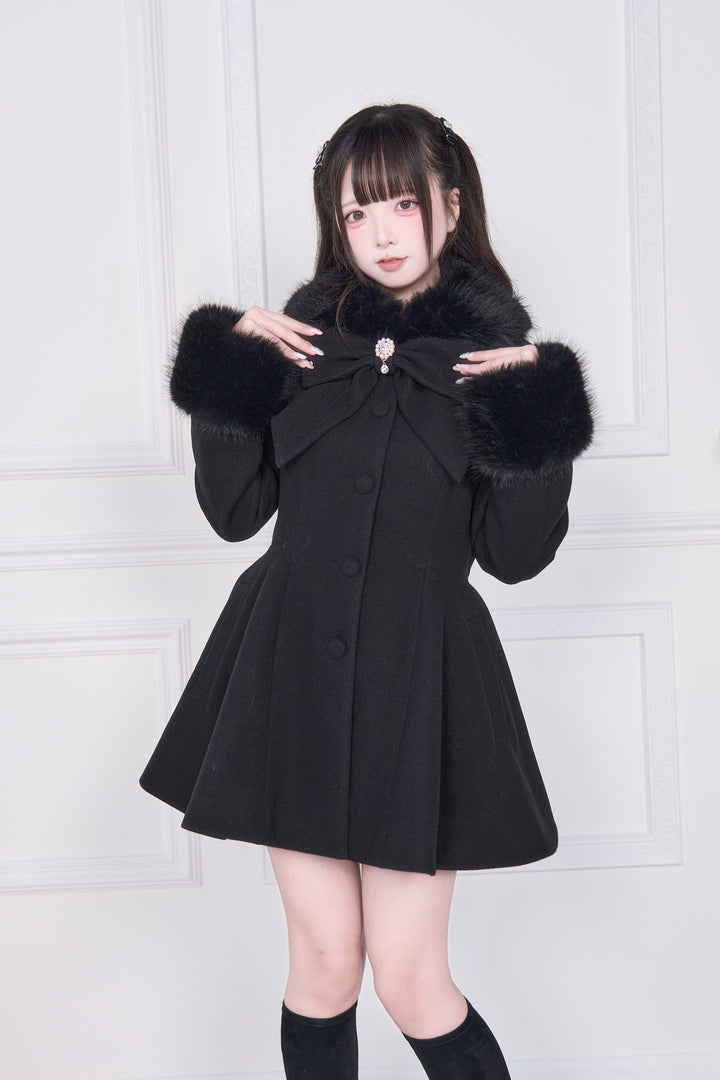 Ryousangata Winter Coat, Faux Fur, Detachable Bow & Cape (Black / M S) 44066:794450