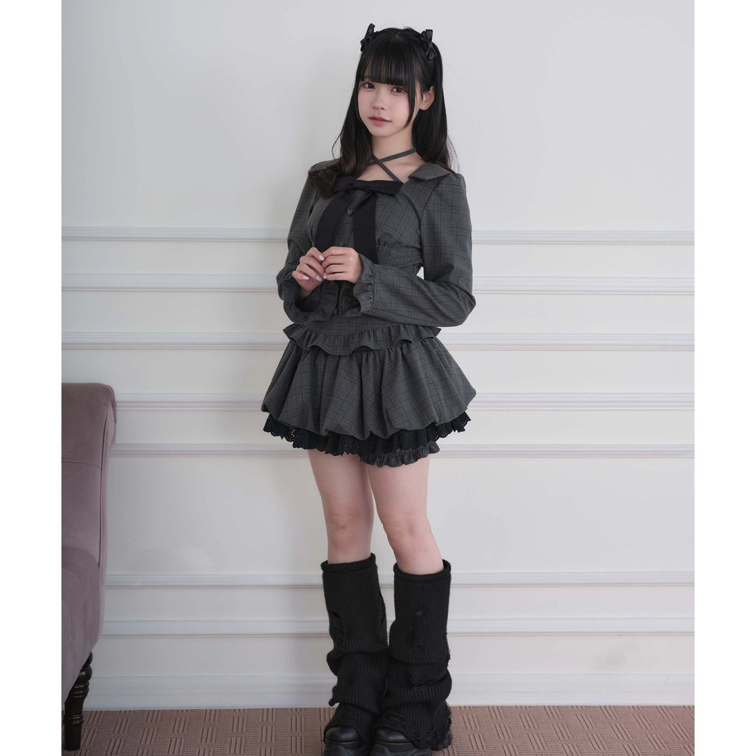 Ryousangata Plaid/Striped Dress & Shorts Set, Chest Big Bow 46031:873231