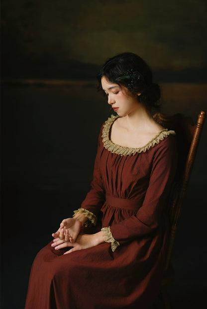 Mori Kei Dress Classical Oil Painting Dress Rust Red Dress 36348:544678