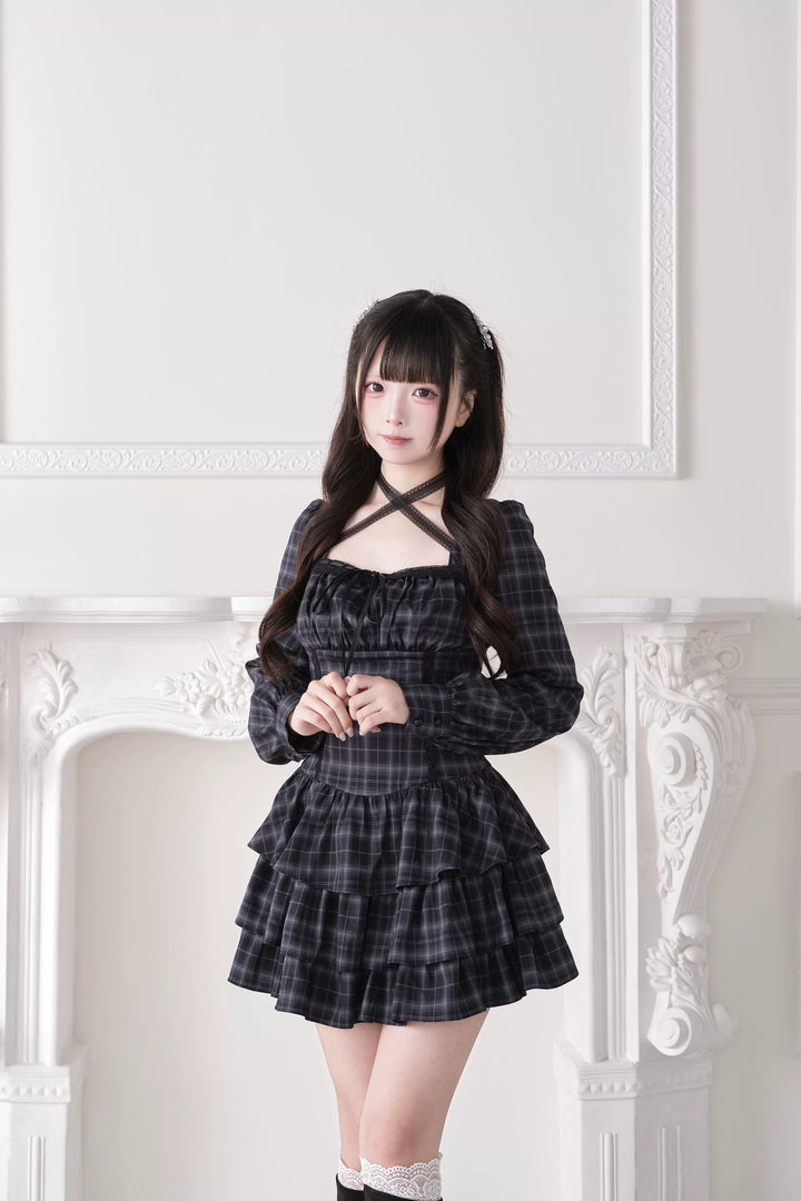 Jirai Kei Halter Neck Dress, Tiered Ruffles 44688:819249