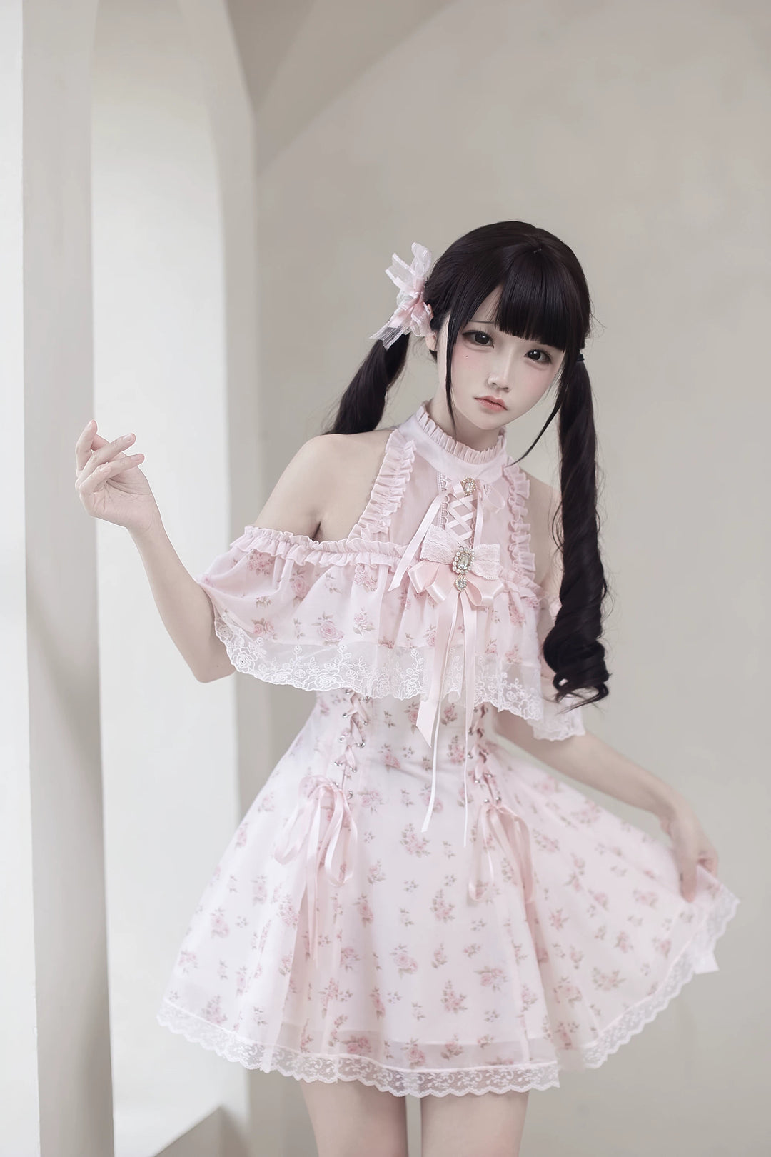Pink Open Shoulder Ryousangata Dress, Floral Print 45289:846980