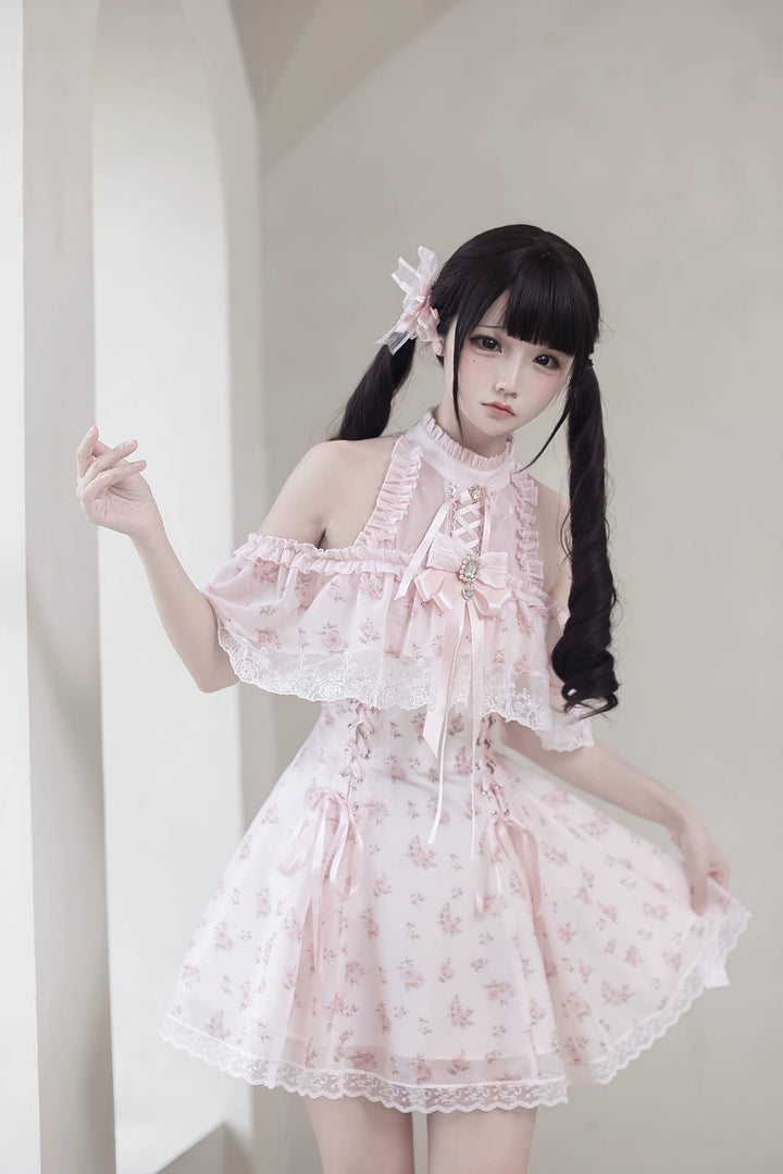 Pink Open Shoulder Ryousangata Dress, Floral Print 45289:846980