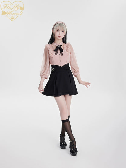 White Pink Jirai Kei Blouse Sheer Lace Shirt with Rhinestone 32914:403916