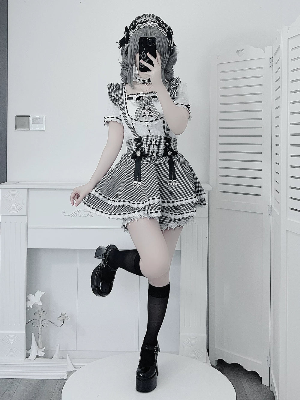 Jirai Kei Cotton Shirt, High-Waisted Suspender Skirt 45267:845206