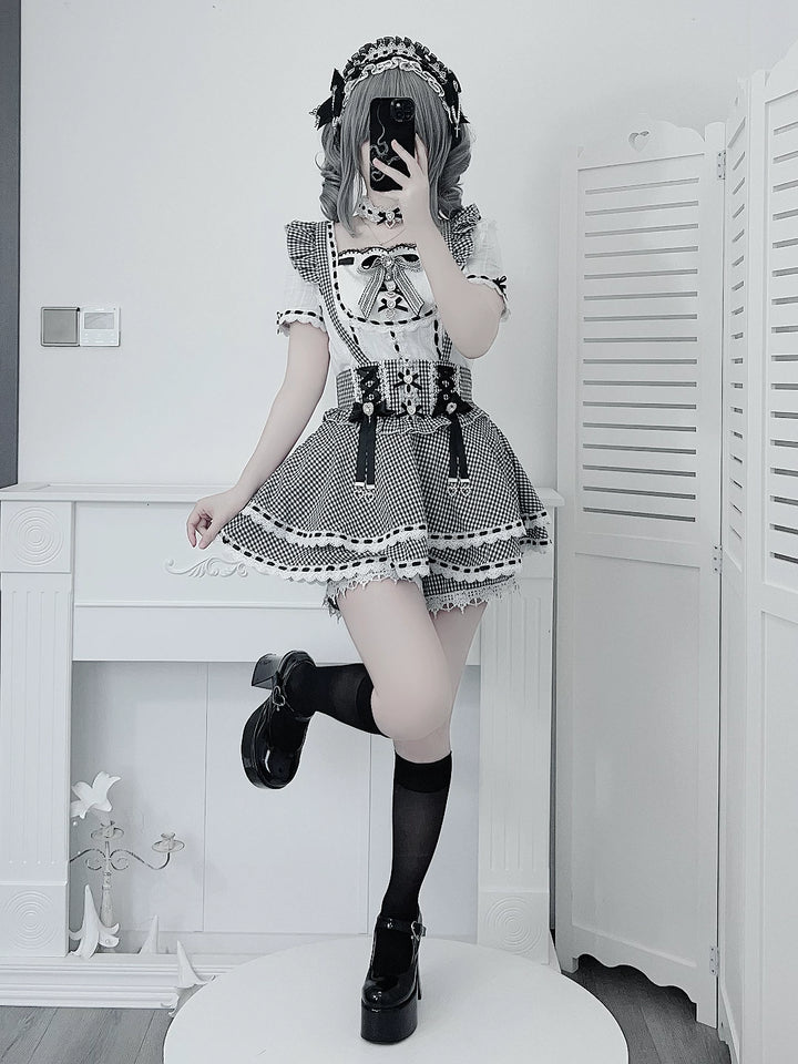 Jirai Kei Cotton Shirt, High-Waisted Suspender Skirt 45267:845206