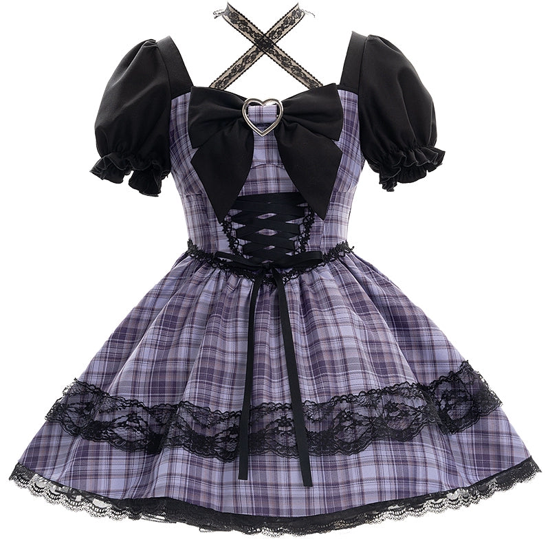 Jirai Kei Dress Puff Sleeves Purple Dress Heart Buckle Dress (L M S XL) 36418:570208