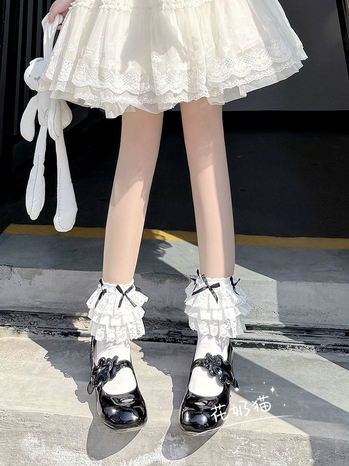 White Lolita Socks Bow And Lace Mid-Calf Cotton Socks 35630:500872 35630:500872