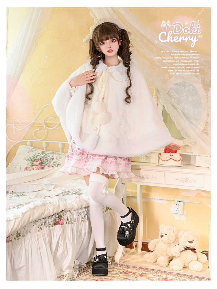 Jirai Kei Winter Coat Plush Cloak White Cape Coat 39850:646858