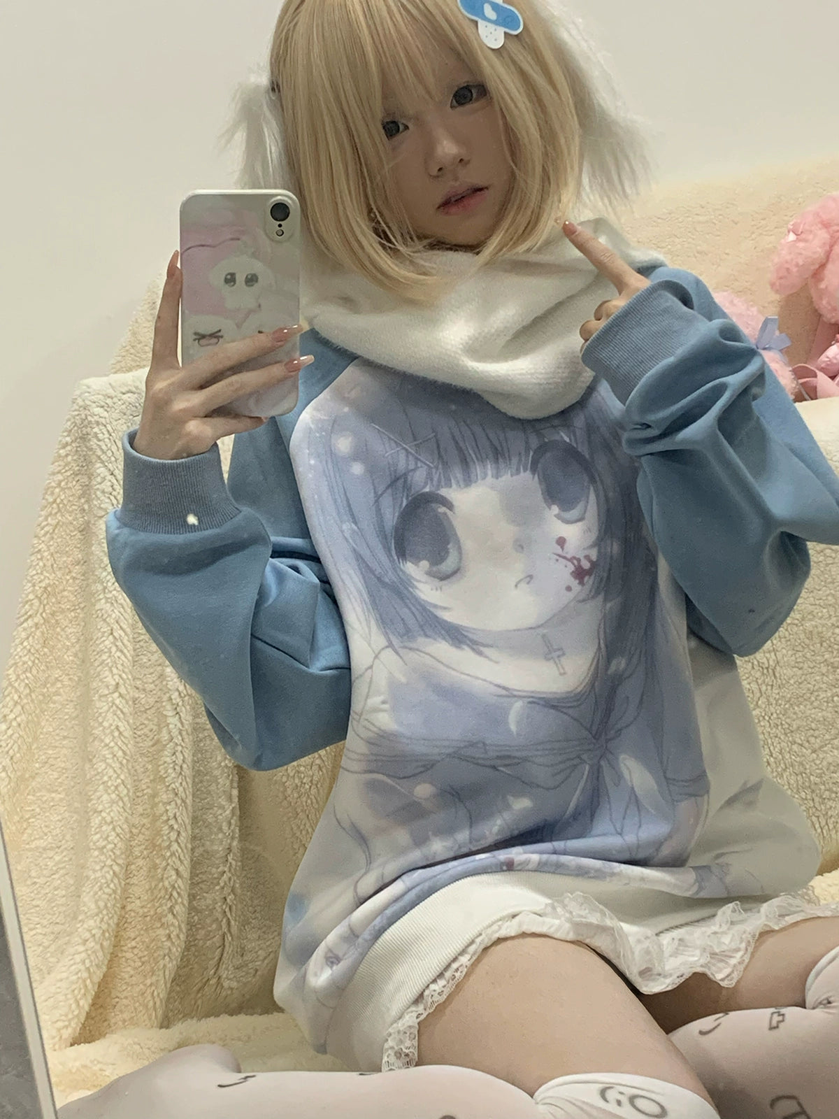 Jirai Kei Blue Sweatshirt Anime Girl Printed Sweatshirt 33326:430948