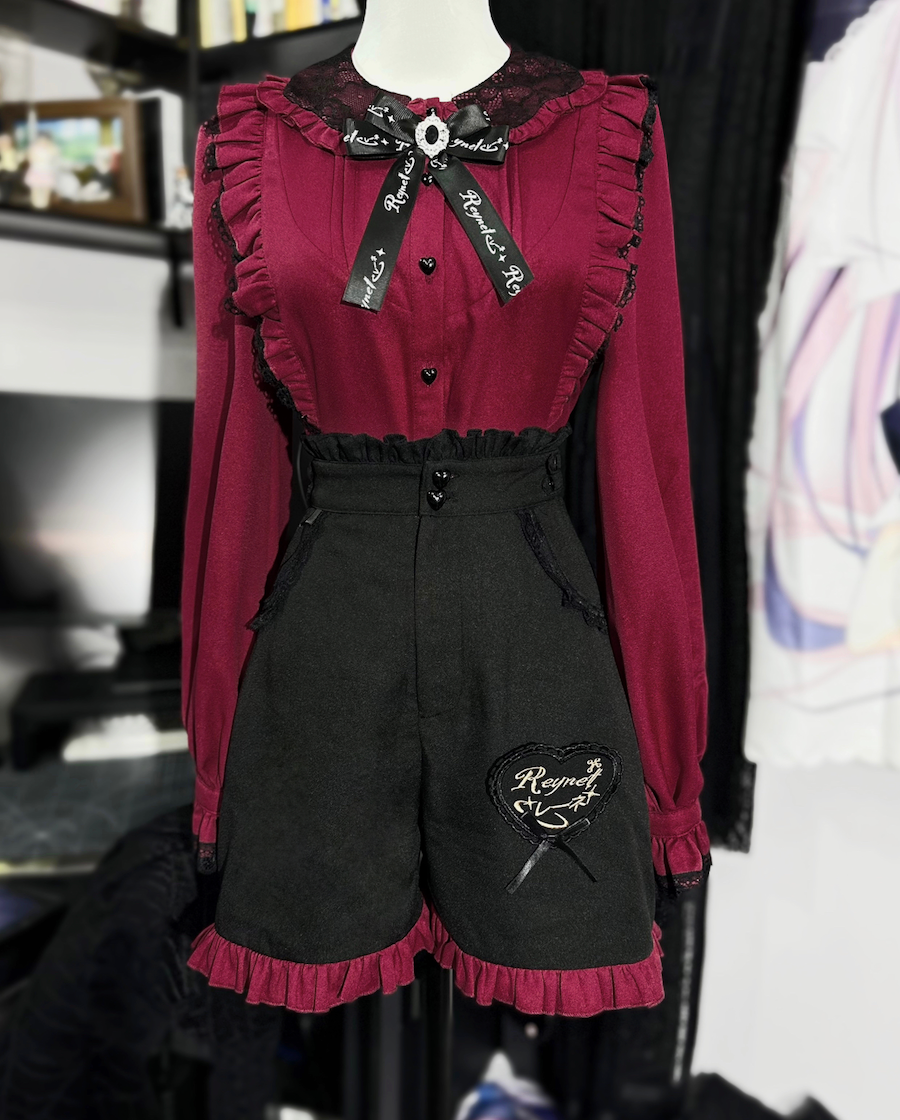 Jirai Kei Lace Collar Blouse and Shorts (L M S XL XXL / Shorts / Burgundy) 21648:558844