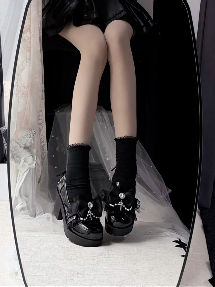 Jirai Kei Heeled Shoes, Pearl Chain and Cross Details (35 36 37 38 39 40) 45695:860657