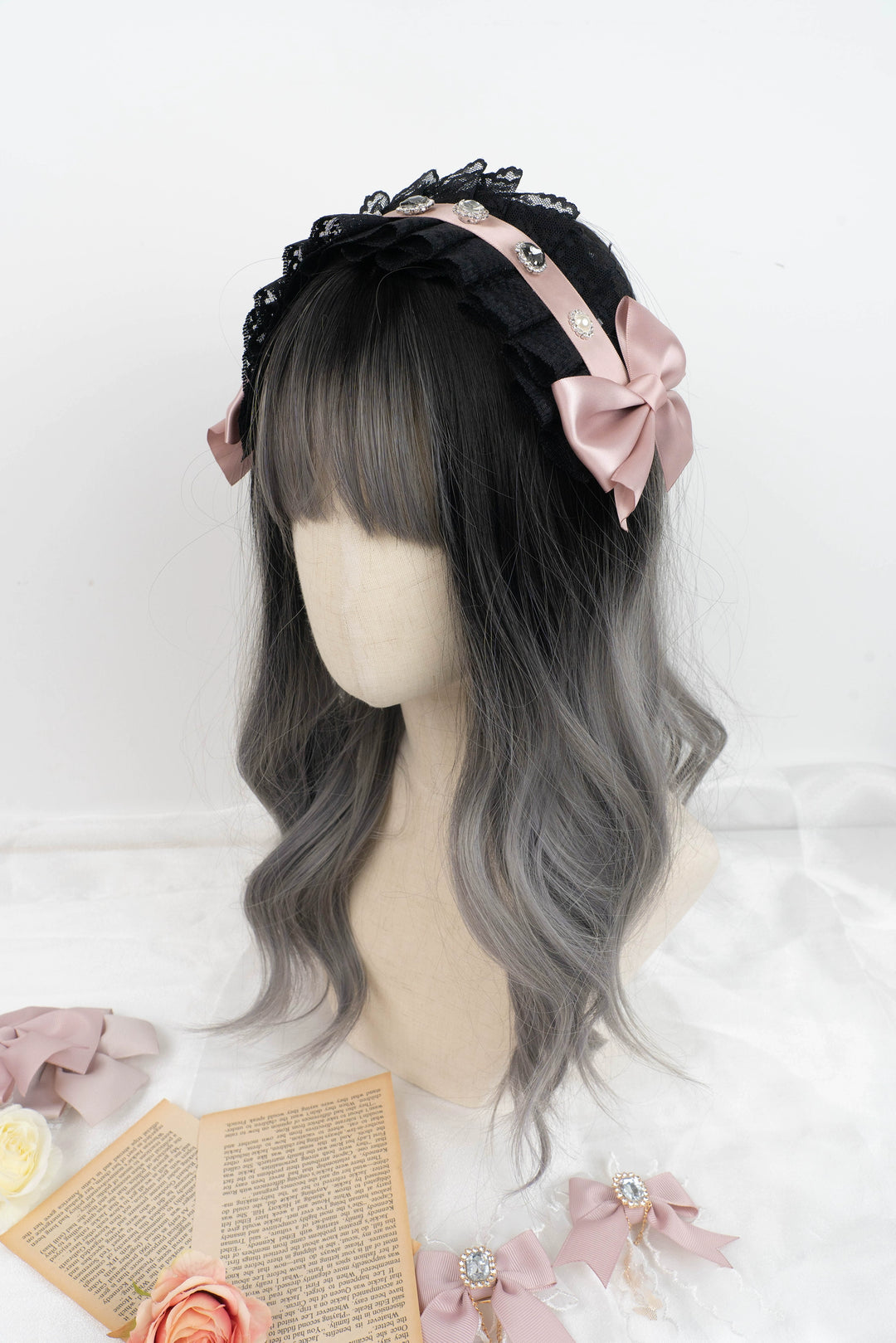 Jirai Kei Headband Lace Bow Headdress Rhinestones Hair Accessory 35650:507202 35650:507202