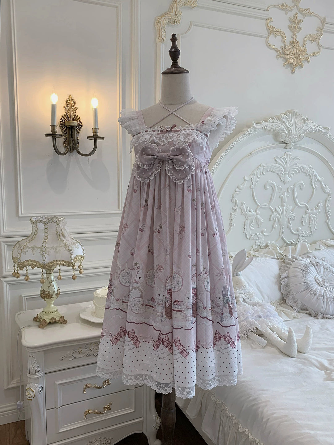 Strawberry Bunny Printed Kawaii Lolita Dress, Halter Neckline (L M S) 45456:857963