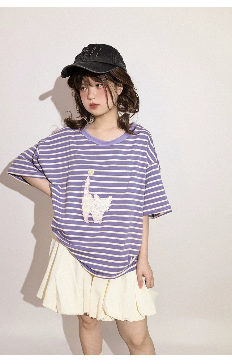 Kawaii Aesthetic Shirt Striped Short Sleeve Cotton Top 36562:518468