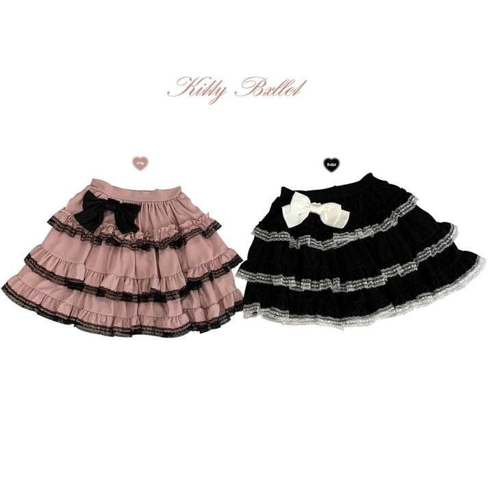 Jirai Kei Black And Pink Tiered Lace Skirt 21798:318526 21798:318526