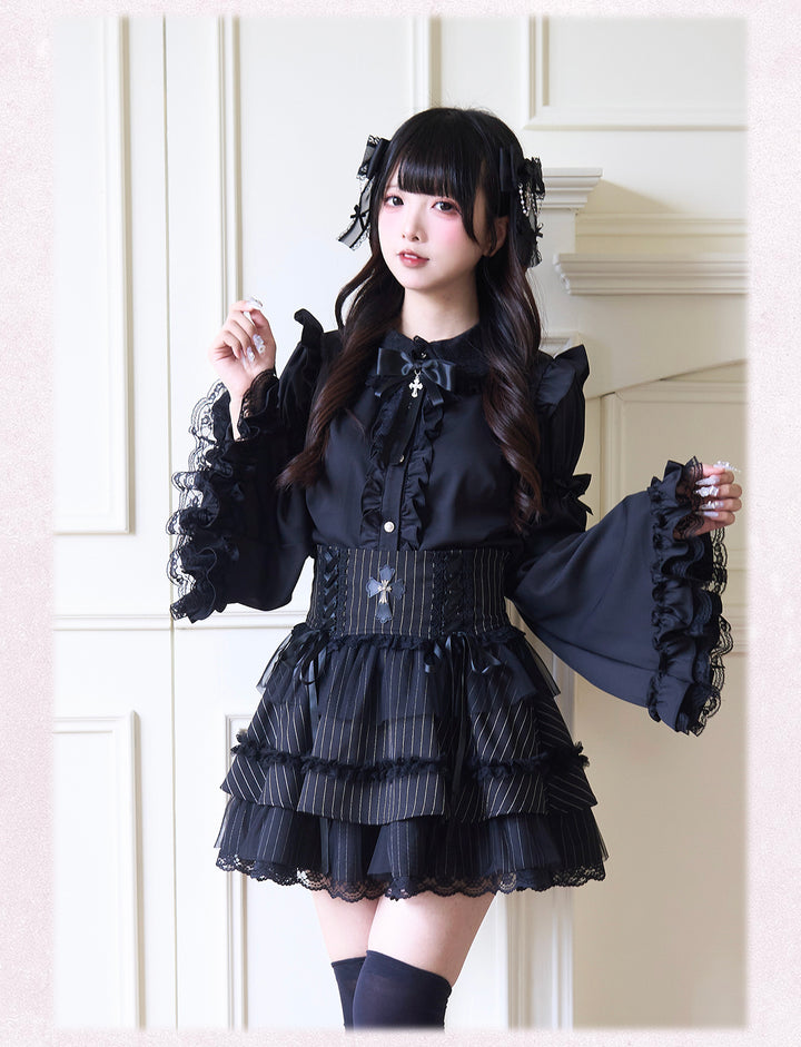 Ruffle Jirai Kei Blouse with Detachable Princess Sleeves And Bow (L M) 42522:744305