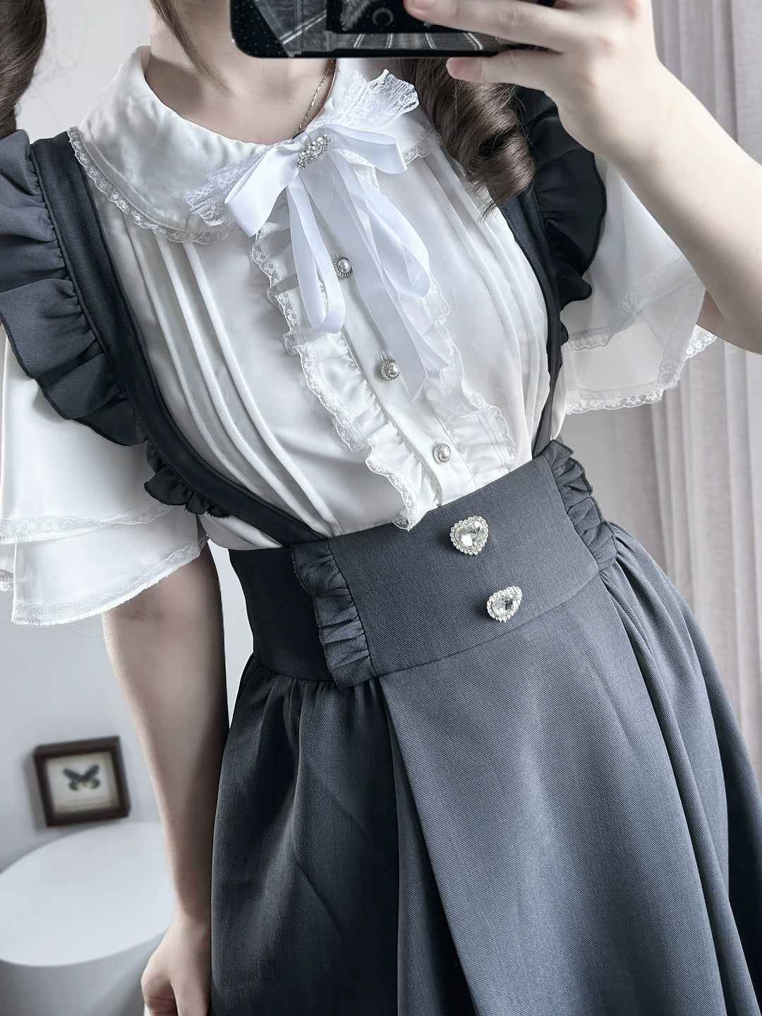Solid Seiso Kei Suspender Skirt, Ankle Length 44166:798545