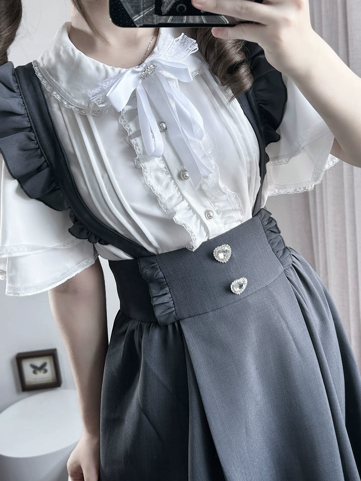 Solid Seiso Kei Suspender Skirt, Ankle Length 44166:798545