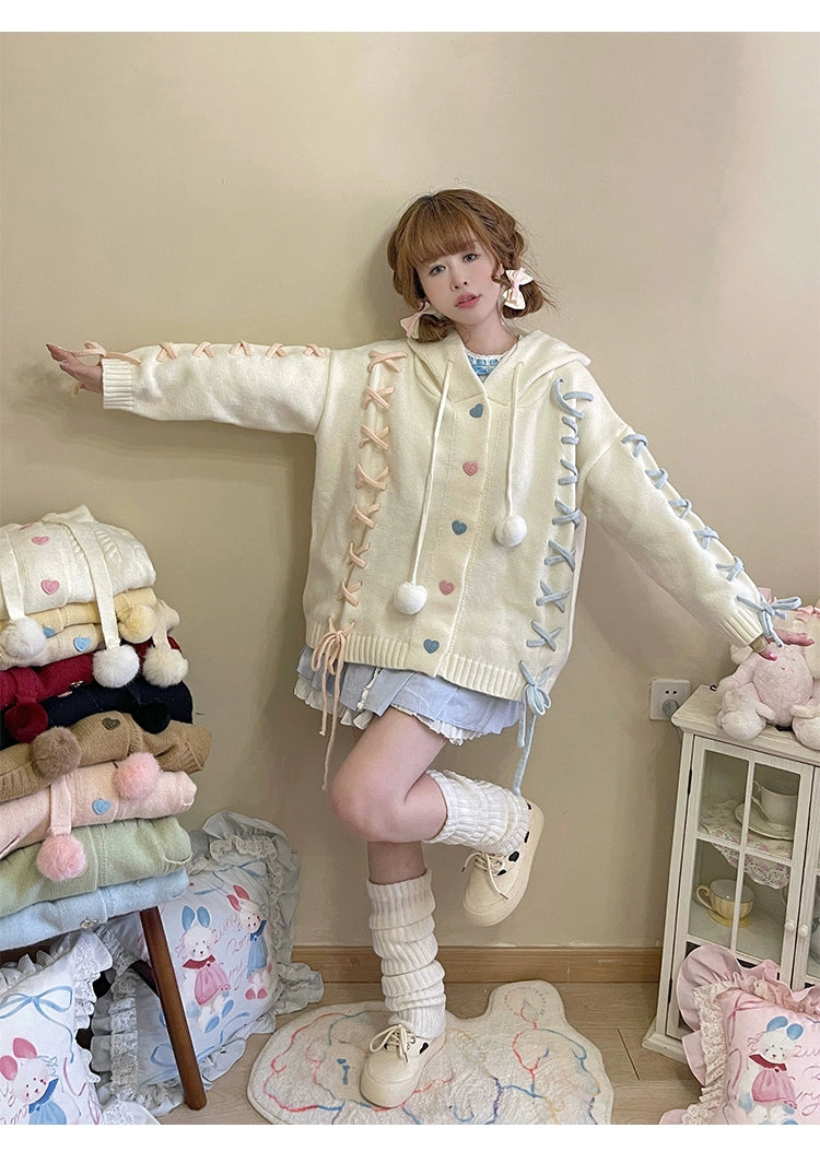 Kawaii White Pink Blue Cardigan Bunny Ears Sweater Coat 22658:345288 22658:345288