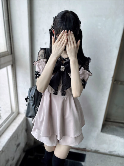Jirai Kei Dress Set Pink Black Open-Shoulder Winged Collar Dress 37660:578004