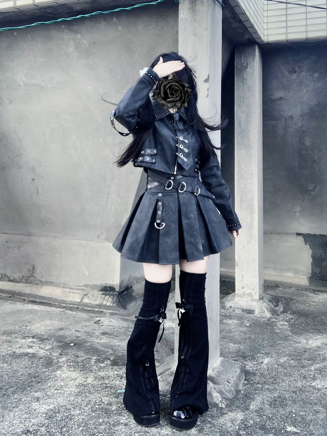 Punk Style PU Jacket, Pleated Skirt 44568:816014