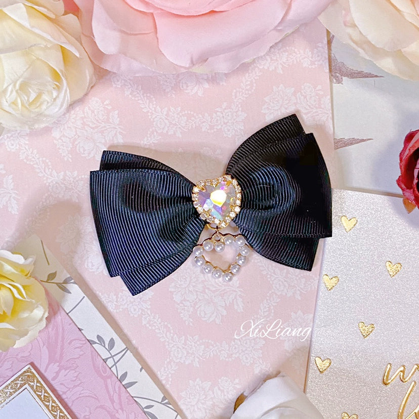 Jirai Kei Black Hair Clip Heart Rhinestone Bow Hair Clip 33798:449900 33798:449900