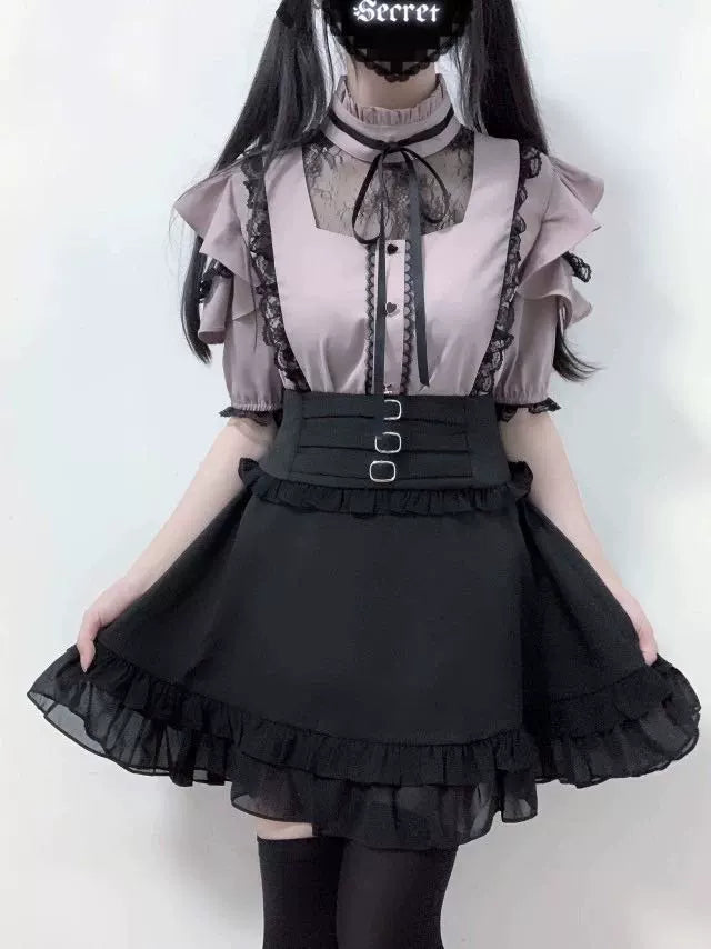 Jirai Kei Black Lace Strap Short Skirt 21742:314572
