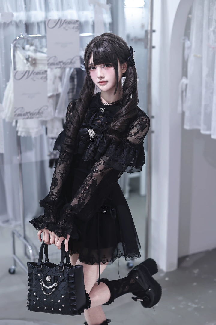Black Jirai Kei Lace Dress, Cross-detail Hem 45837:864821