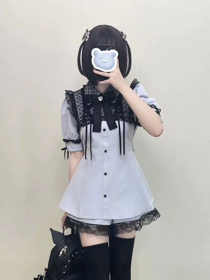 Jirai Kei Set Up Short Sleeve Lace Dress And Shorts Set 37462:559374