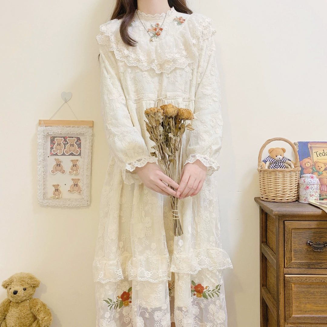 Mori Kei Dress Embroidered Lace Long Sleeve Apricot Dress 39438:640596