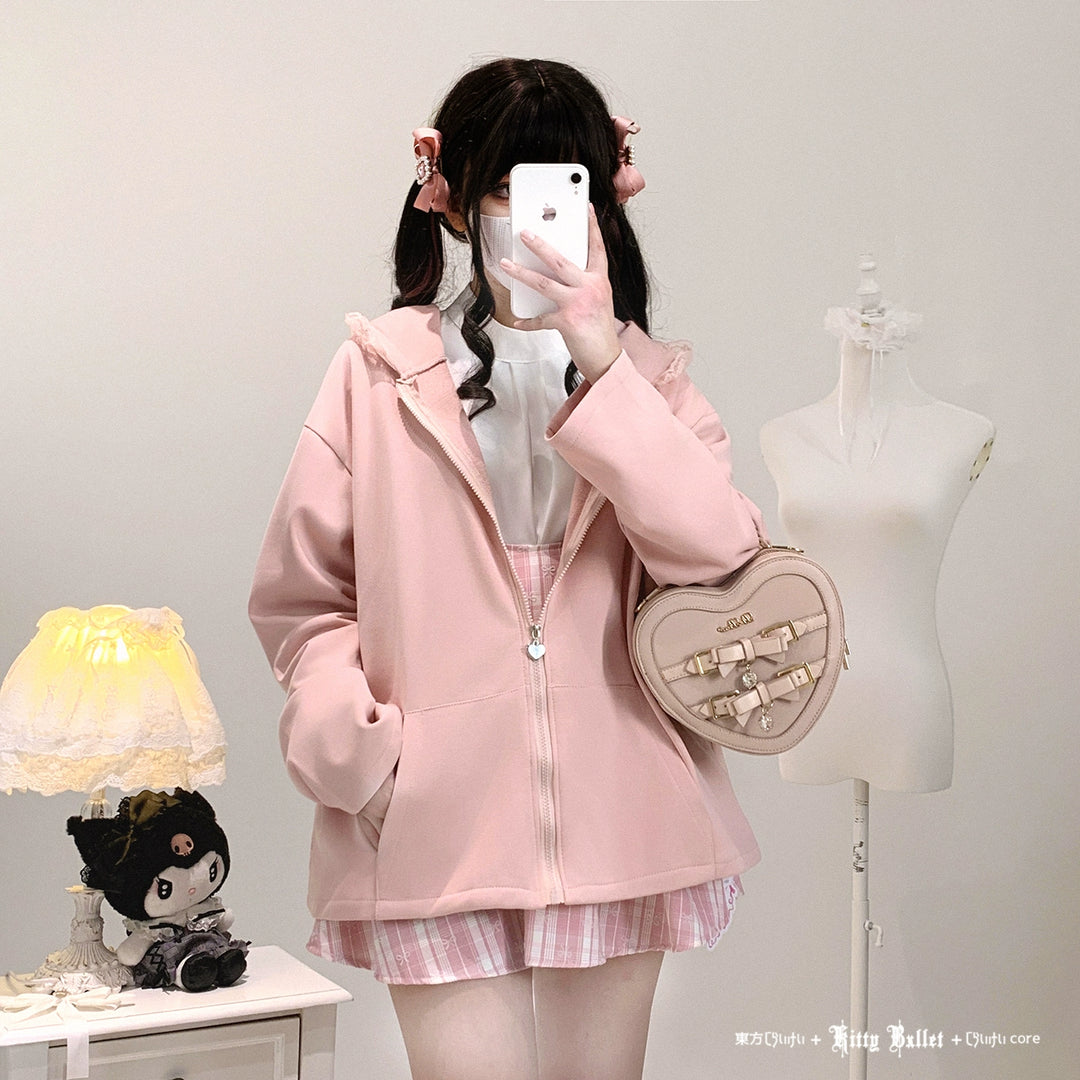 Kawaii Zipper Closure Jacket, Lace Bunny Ear 44002:792521