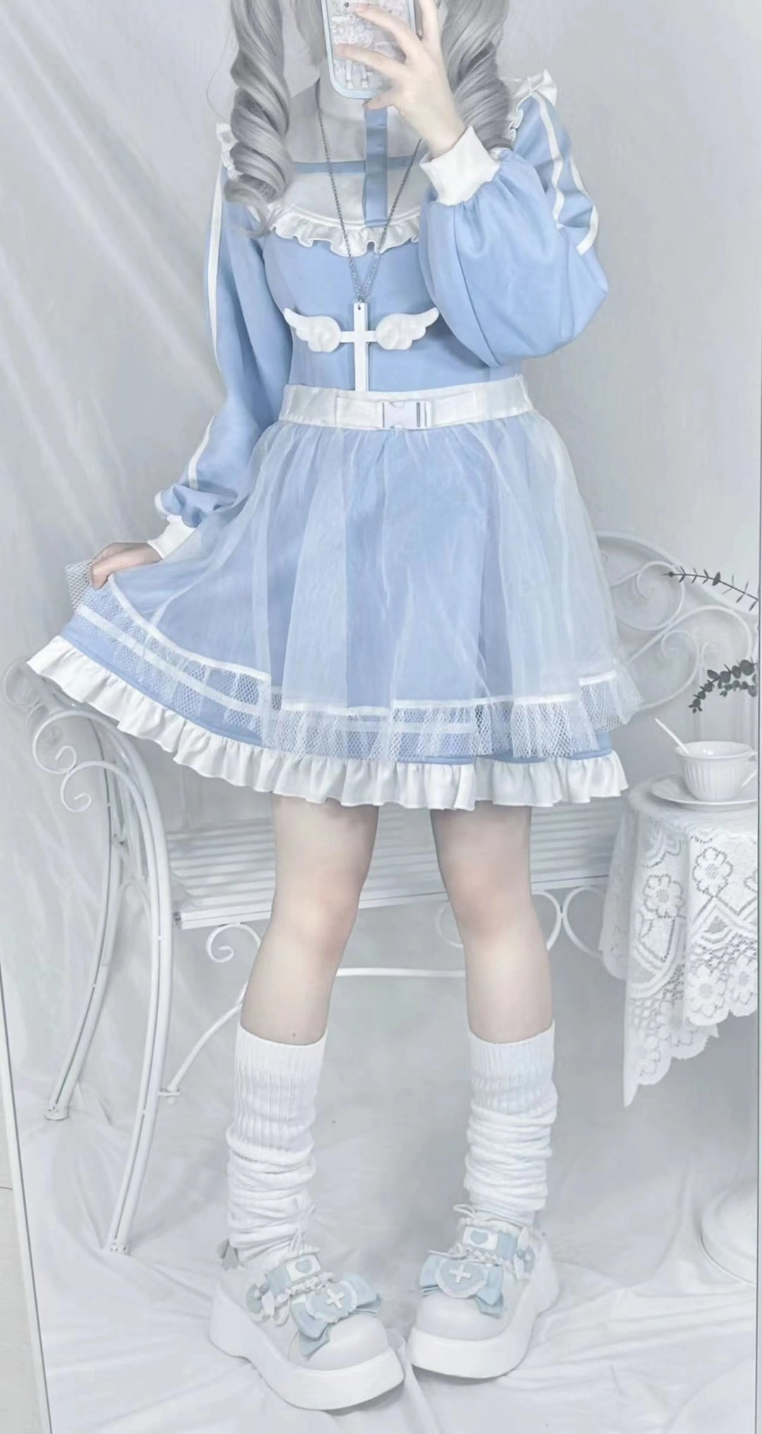 Tenshi Kaiwai Dress Blue Long Sleeve Dress Apron Set 38728:598522