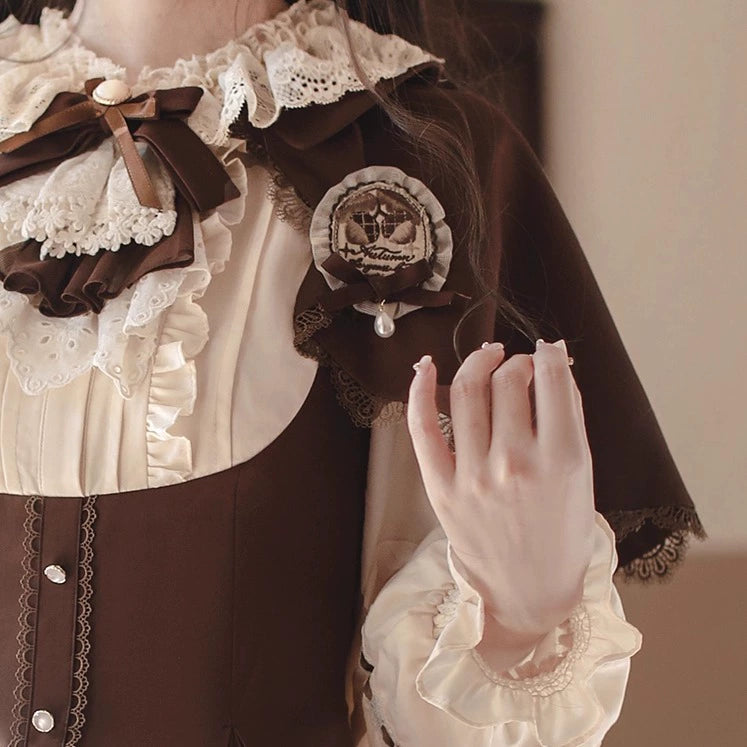 Elegant Lolita Brown and Beige OP Dress Set (L M S) 44124:797976