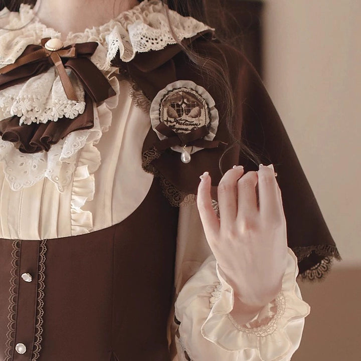 Elegant Lolita Brown and Beige OP Dress Set (L M S) 44124:797976