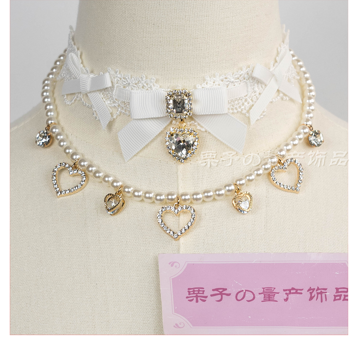 Jirai Kei Lace Choker, Detachable Faux Pearl Necklace 44010:793220
